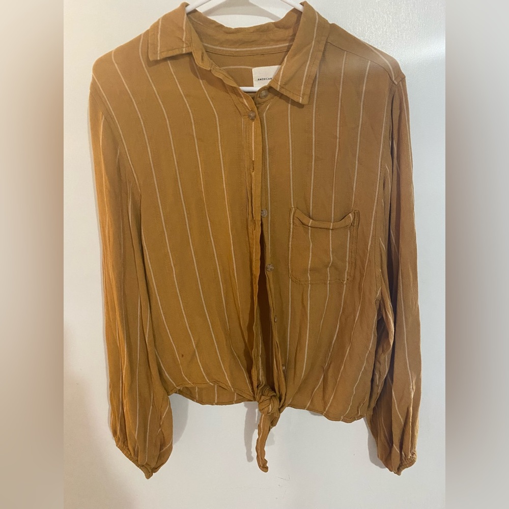 Lightweight flowing mustard yellow and white button up shirt